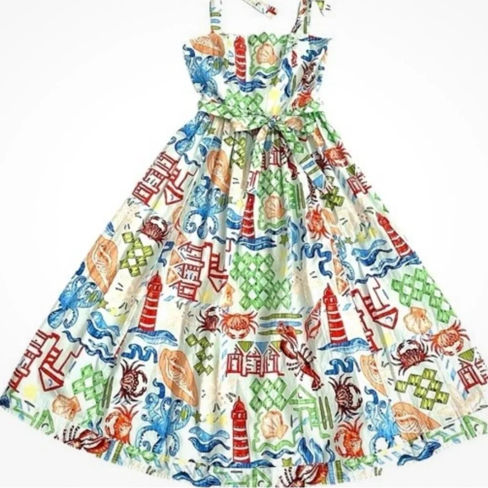 NWT Hunter Bell Quincy Dress in Surfside Nantucket Cape Cod Lighthouse Midi sz 4 - Picture 3 of 4